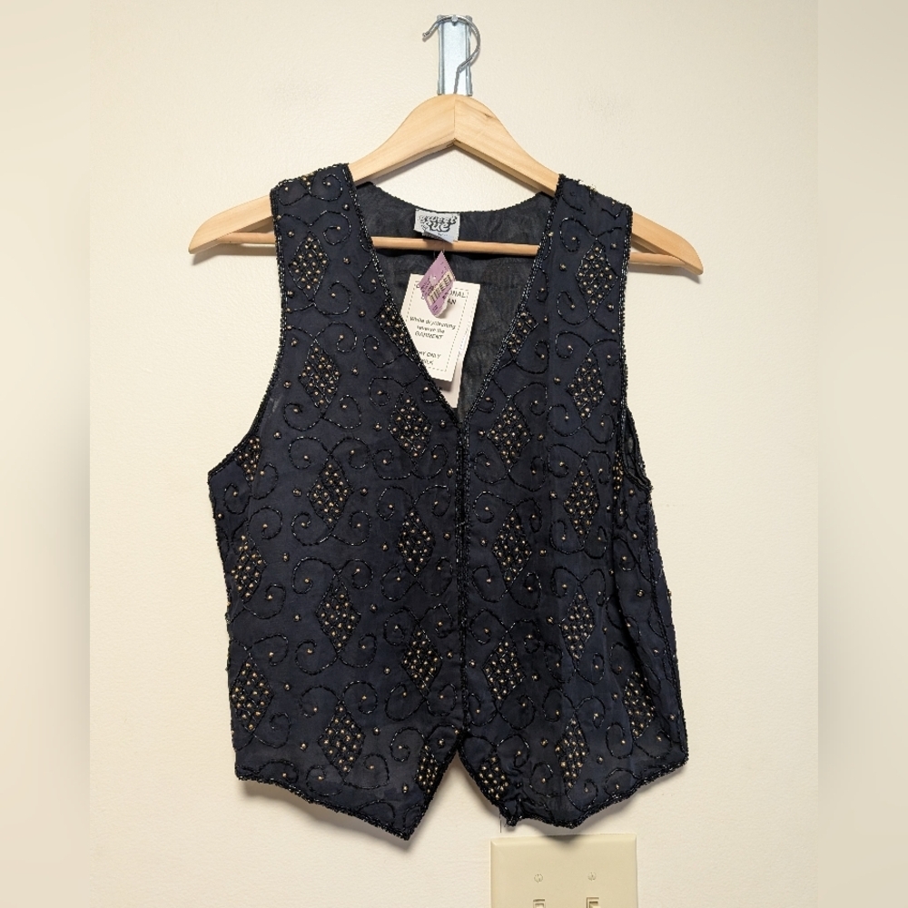 Sweet Sue 100% Silk Beaded Vest Black Gold Medium NWT Style 9612